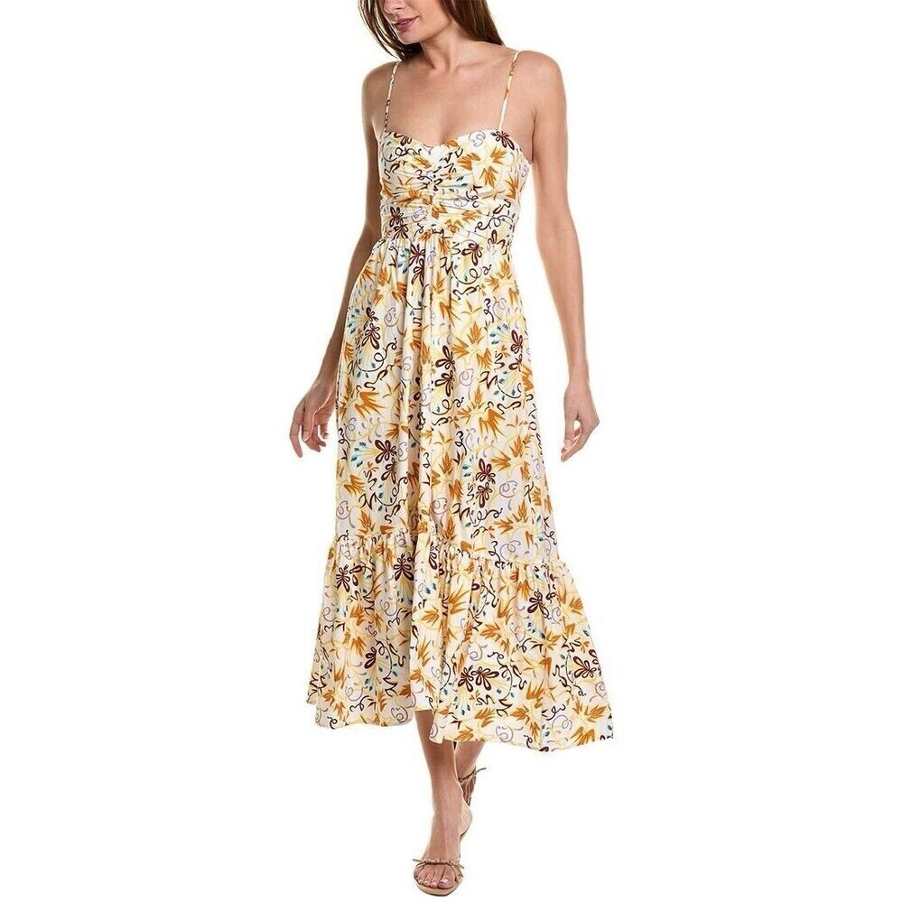 A.L.C A-Line Midi Dress White Multi Lilah Print Flounce Hem Size 10 Vacation